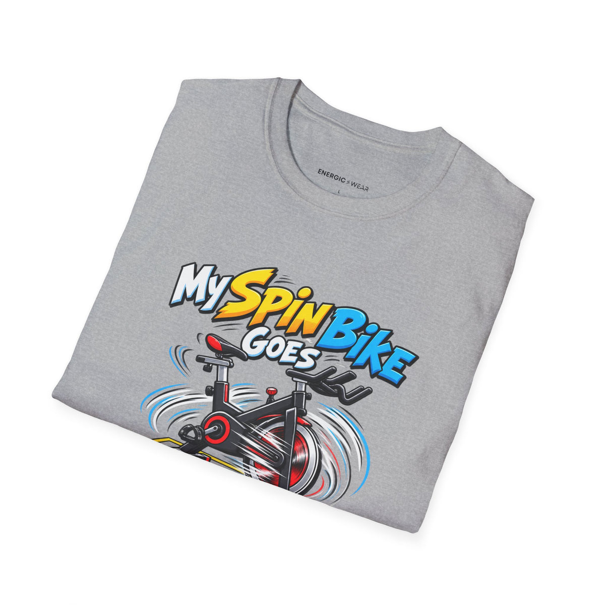 Graphic fitness T-shirt featuring the "My Spin Bike Goes Nowhere with Great Enthusiasm" design.