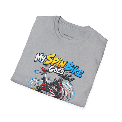 Graphic fitness T-shirt featuring the "My Spin Bike Goes Nowhere with Great Enthusiasm" design.