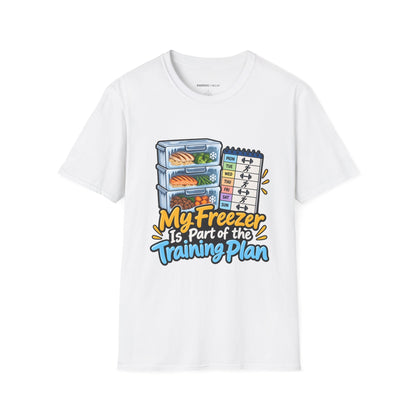 Graphic fitness T-shirt featuring the "My Freezer Is Part of the Training Plan" design.