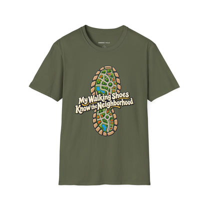 Graphic fitness T-shirt featuring the "My Walking Shoes Know the Neighborhood" design.