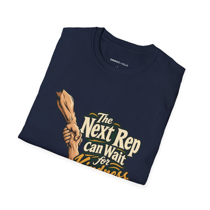 Graphic fitness T-shirt featuring the "The Next Rep Can Wait for Kindness" design.