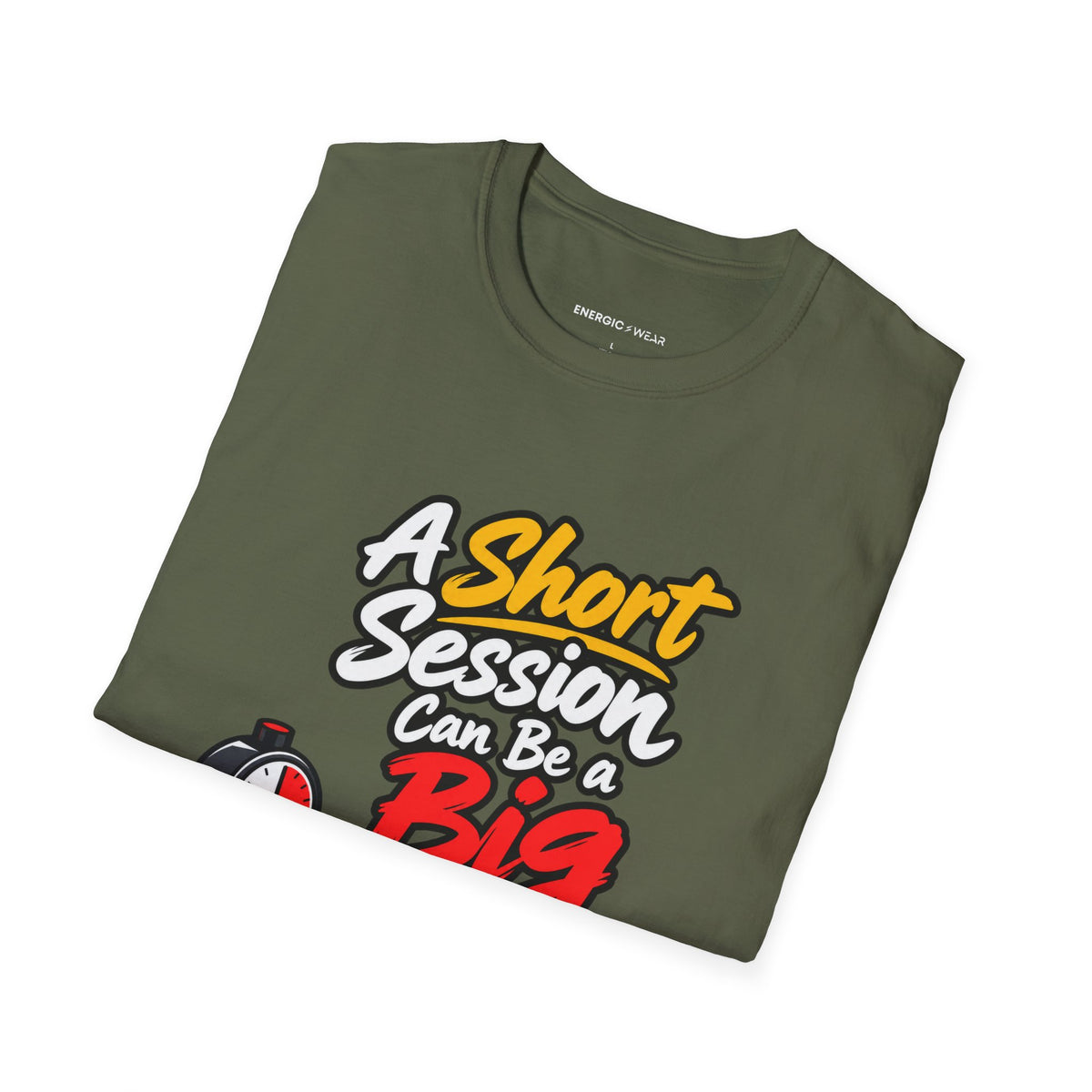 Graphic fitness T-shirt featuring the "A Short Session Can Be a Big Decision" design.