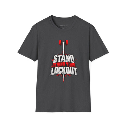 Graphic fitness T-shirt featuring the "Stand Behind Your Lockout" design.