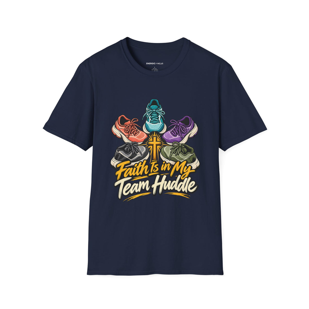 Graphic fitness T-shirt featuring the "Faith Is in My Team Huddle" design.