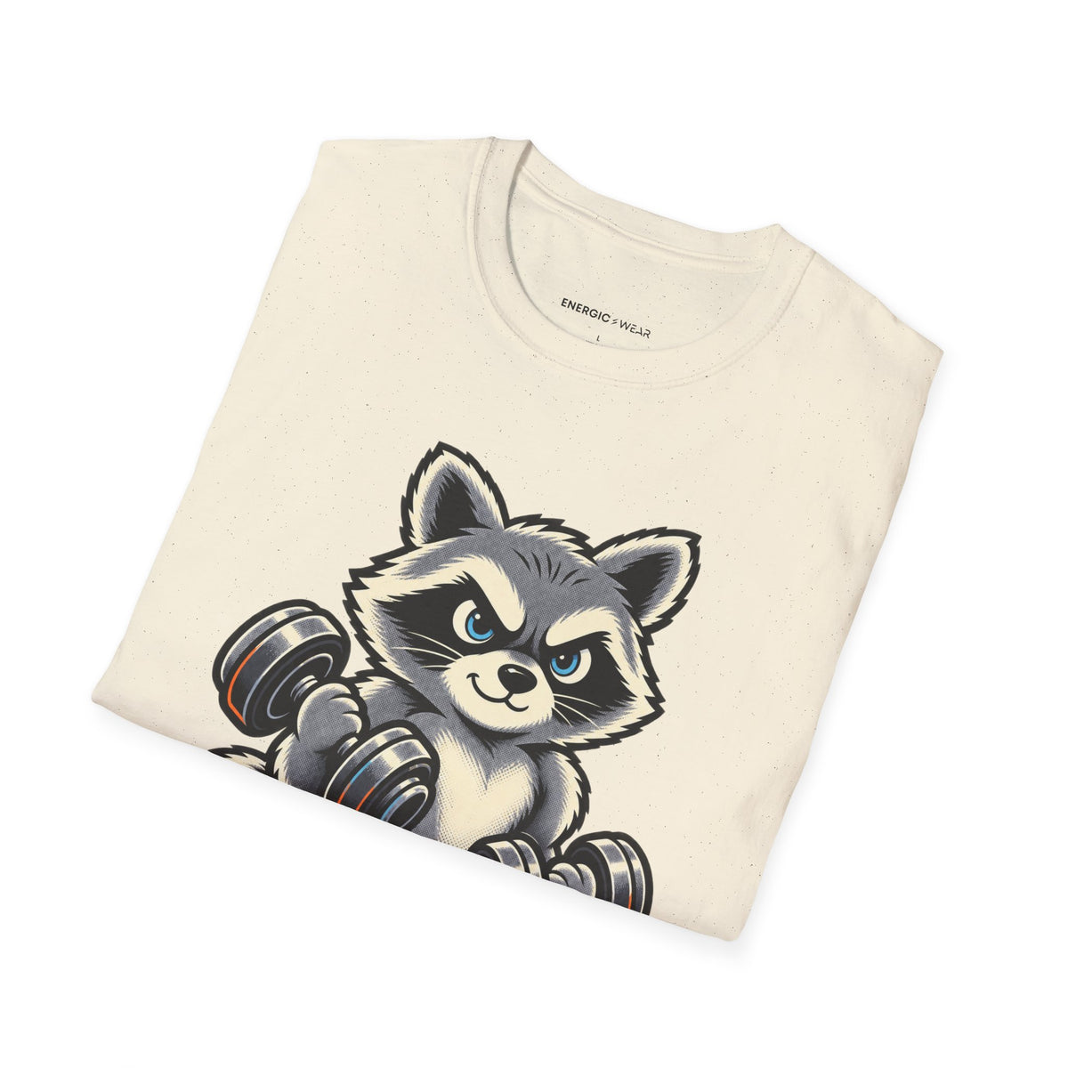 Graphic fitness T-shirt featuring the "Muscular Raccoon" design.