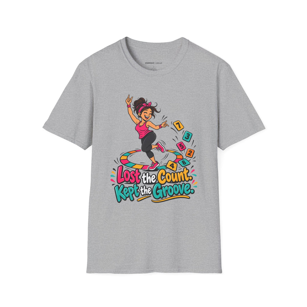 Graphic fitness T-shirt featuring the "Lost the Count, Kept the Groove" design.