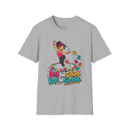 Graphic fitness T-shirt featuring the "Lost the Count, Kept the Groove" design.
