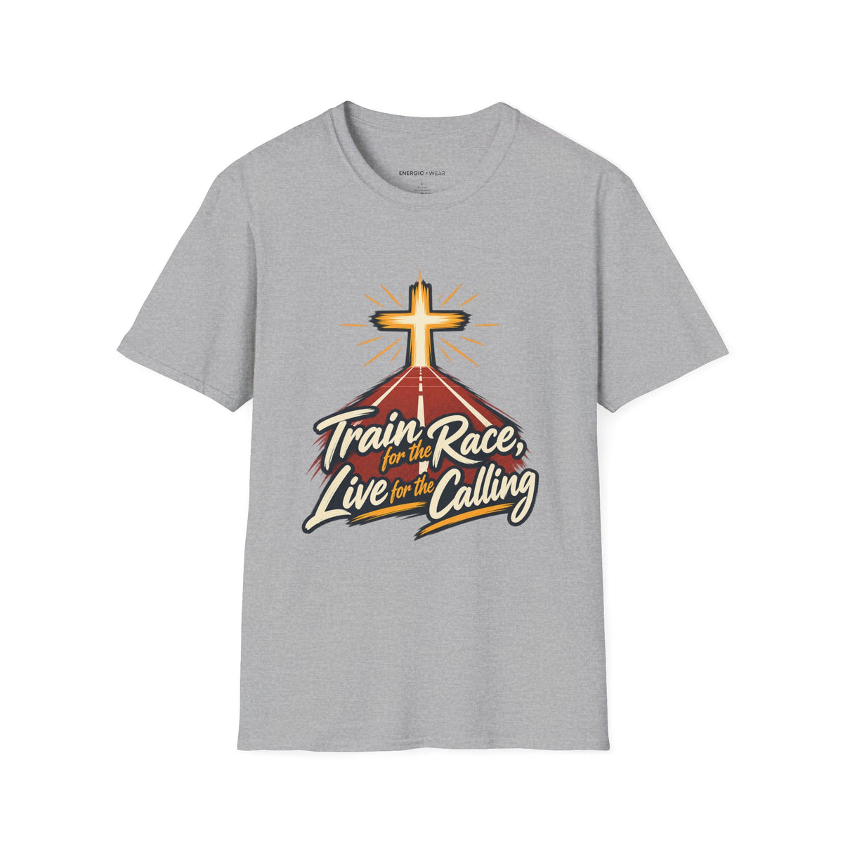 Graphic fitness T-shirt featuring the "Train for the Race Live for the Calling" design.