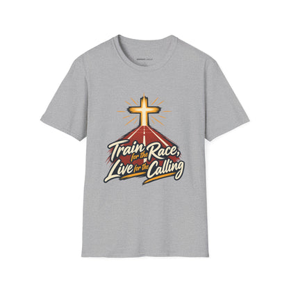 Graphic fitness T-shirt featuring the "Train for the Race Live for the Calling" design.