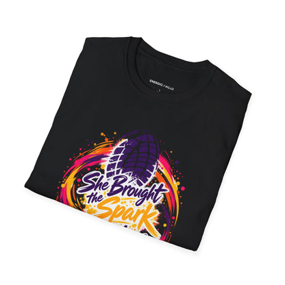 Graphic fitness T-shirt featuring the "She Brought the Spark to Class" design.