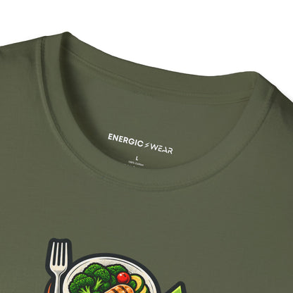 Graphic fitness T-shirt featuring the "Built Between Meals" design.