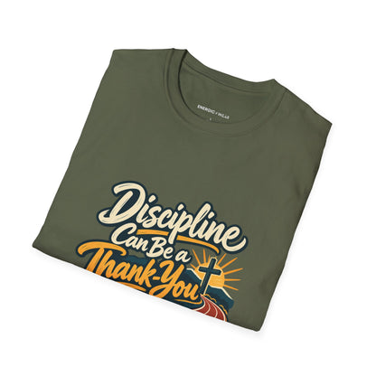 Graphic fitness T-shirt featuring the "Discipline Can Be a Thank-You" design.