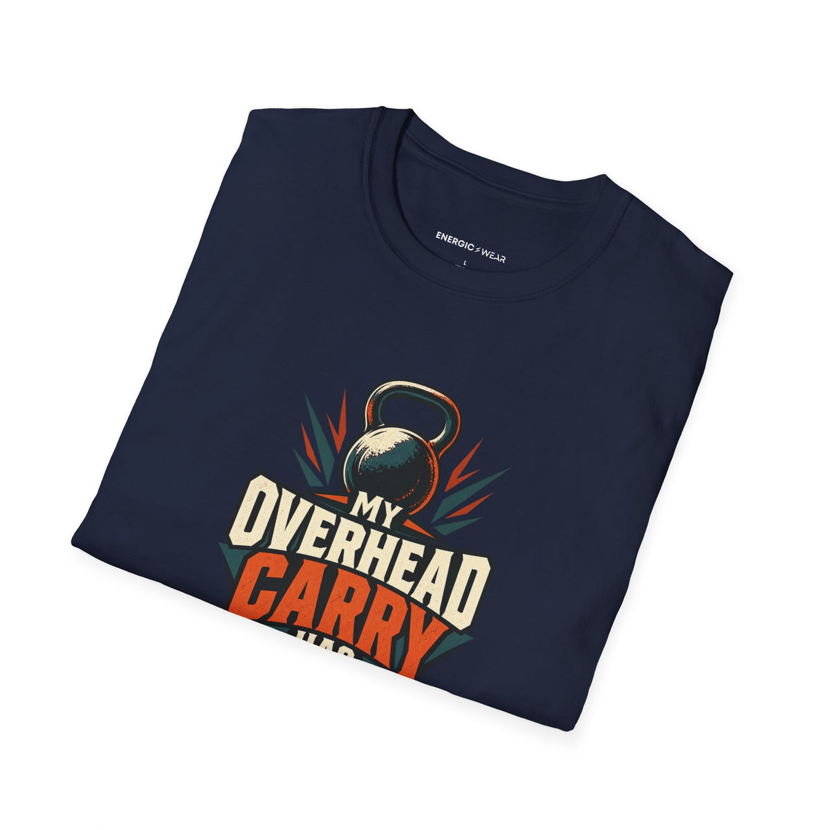 Graphic fitness T-shirt featuring the "My Overhead Carry Has Presence" design.