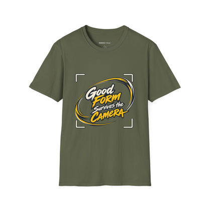 Graphic fitness T-shirt featuring the "Good Form Survives the Camera" design.