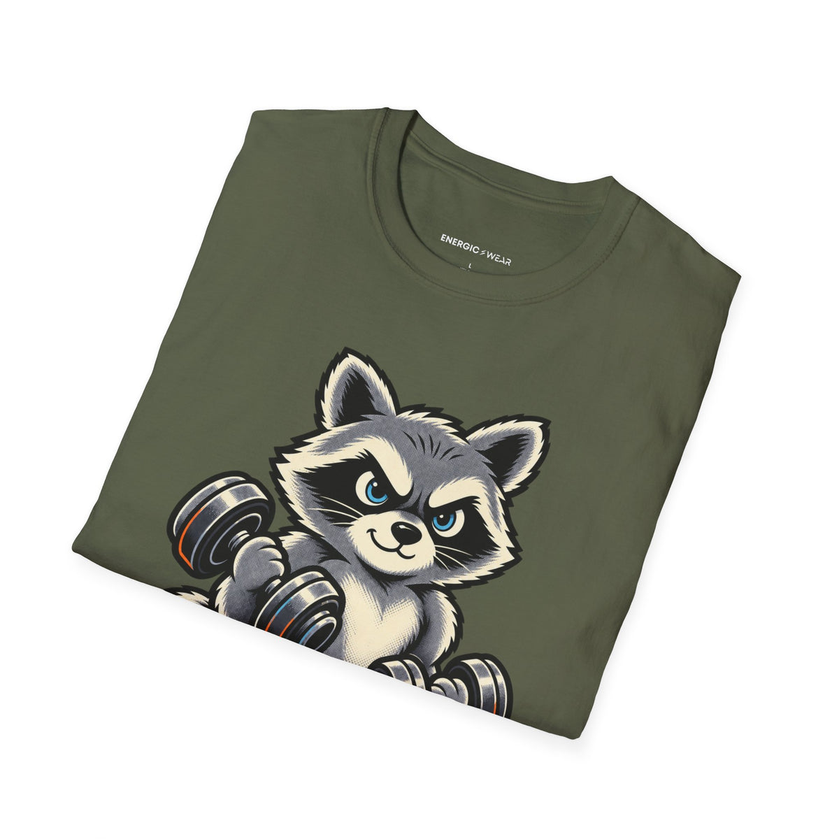 Graphic fitness T-shirt featuring the "Muscular Raccoon" design.