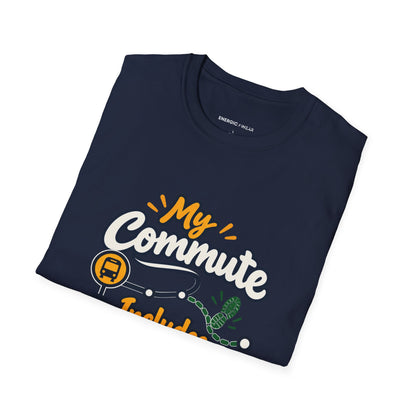 Graphic fitness T-shirt featuring the "My Commute Includes a Little Movement" design.
