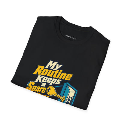 Graphic fitness T-shirt featuring the "My Routine Keeps a Spare Key for Me" design.