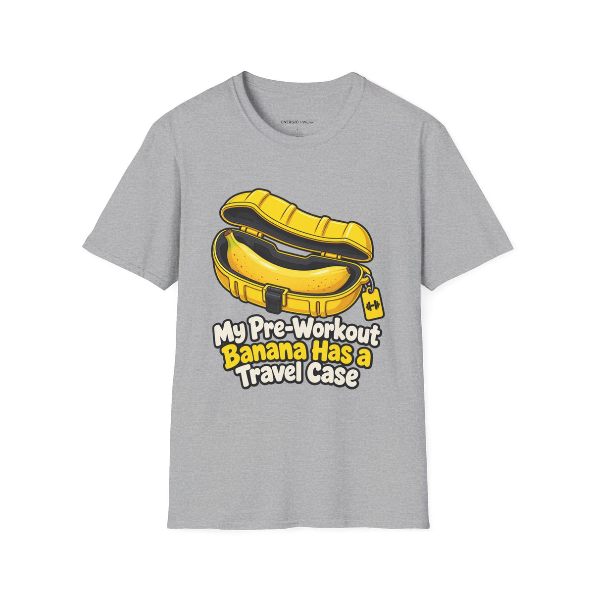 Graphic fitness T-shirt featuring the "My Pre-Workout Banana Has a Travel Case" design.