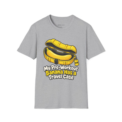 Graphic fitness T-shirt featuring the "My Pre-Workout Banana Has a Travel Case" design.