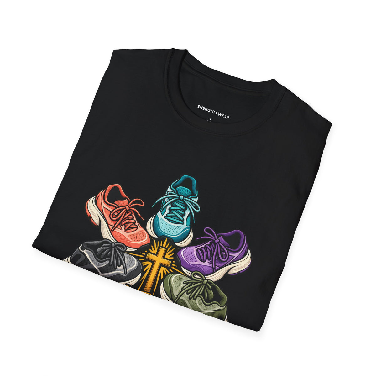 Graphic fitness T-shirt featuring the "Faith Is in My Team Huddle" design.