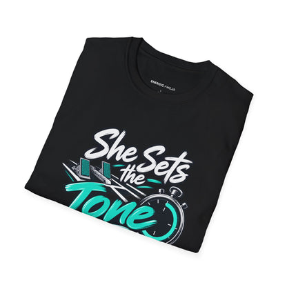 Graphic fitness T-shirt featuring the "She Sets the Tone Before the Timer" design.