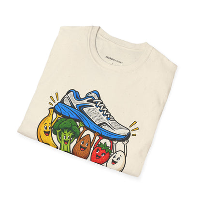 Graphic fitness T-shirt featuring the "Fueling This Workout Is a Group Project" design.