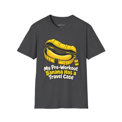 Graphic fitness T-shirt featuring the "My Pre-Workout Banana Has a Travel Case" design.