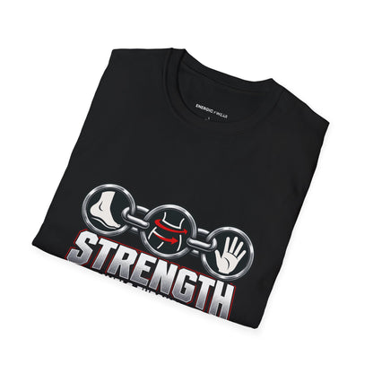 Graphic fitness T-shirt featuring the "Strength Travels Through the Whole Chain" design.