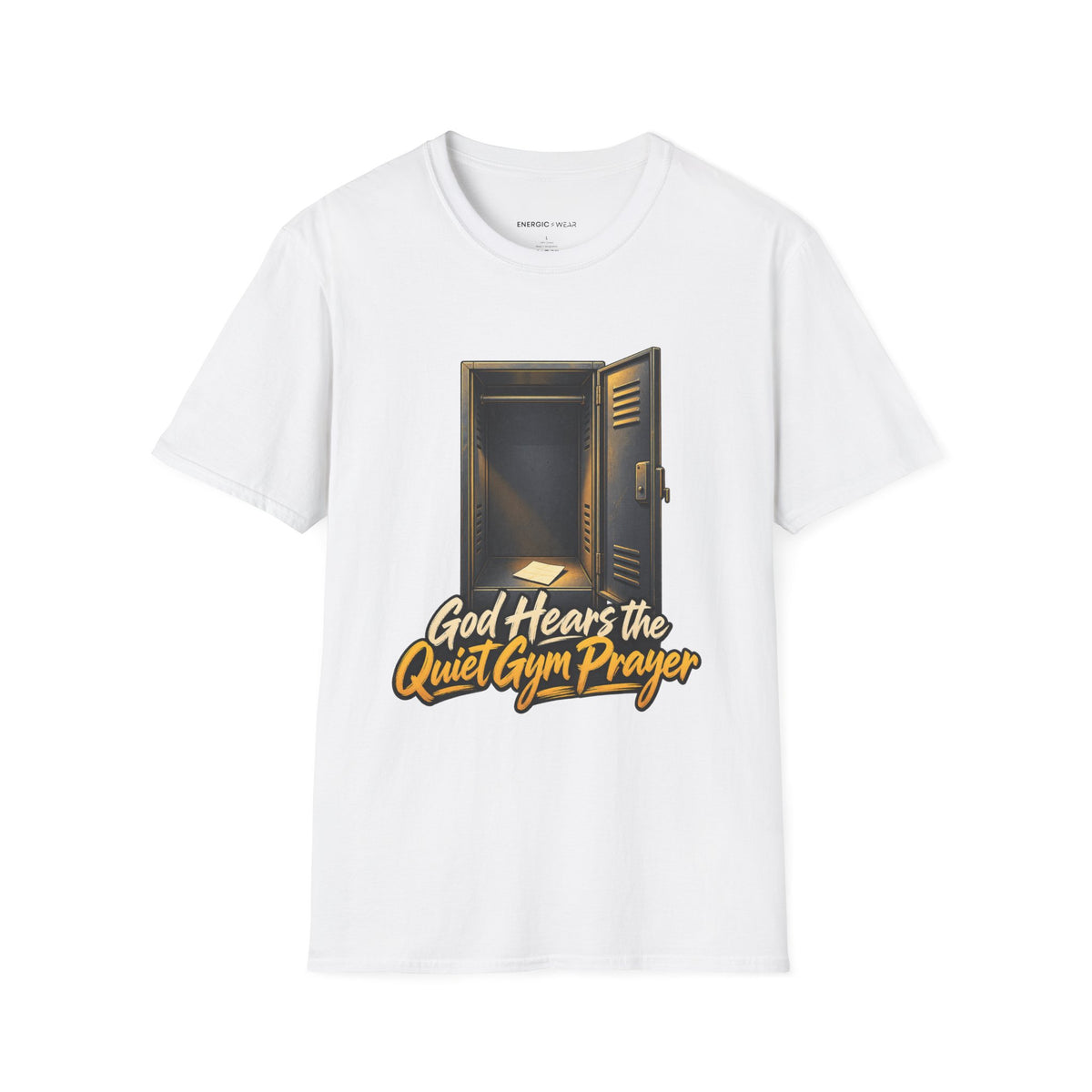 Graphic fitness T-shirt featuring the "God Hears the Quiet Gym Prayer" design.