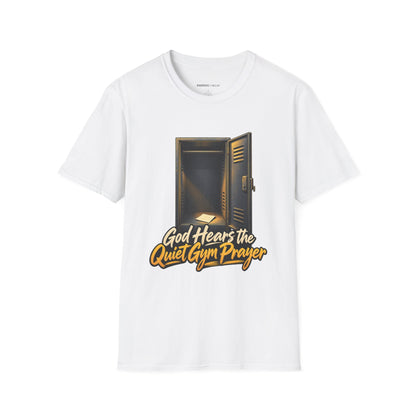 Graphic fitness T-shirt featuring the "God Hears the Quiet Gym Prayer" design.
