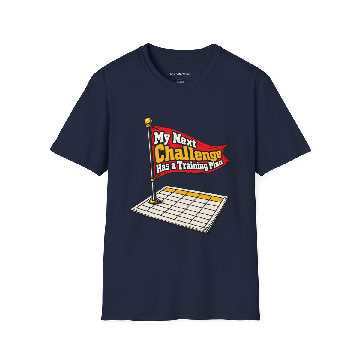 Graphic fitness T-shirt featuring the "My Next Challenge Has a Training Plan" design.