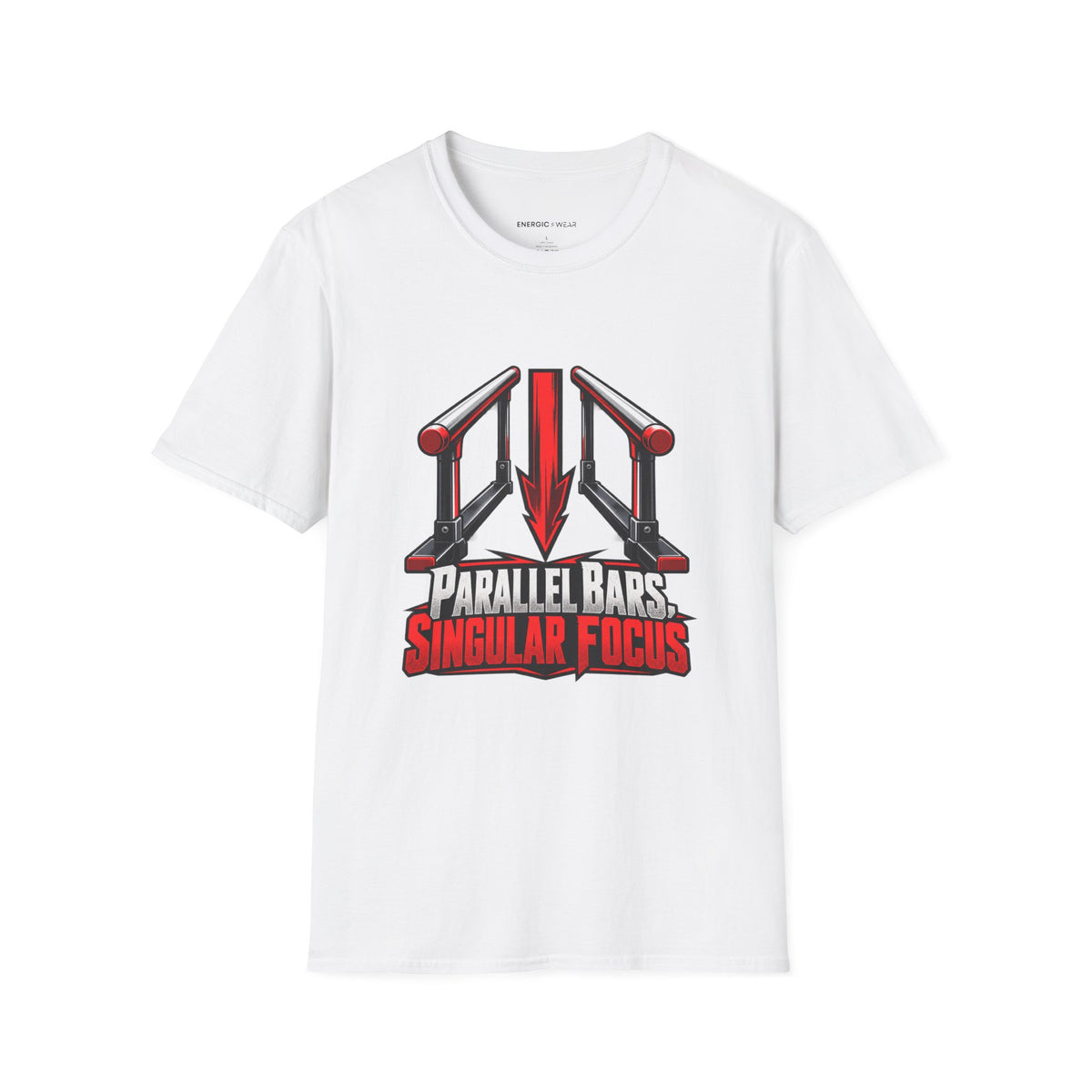 Graphic fitness T-shirt featuring the "Parallel Bars Singular Focus" design.
