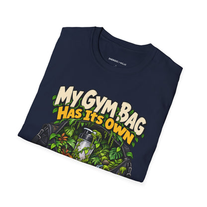 Graphic fitness T-shirt featuring the "My Gym Bag Has Its Own Ecosystem" design.