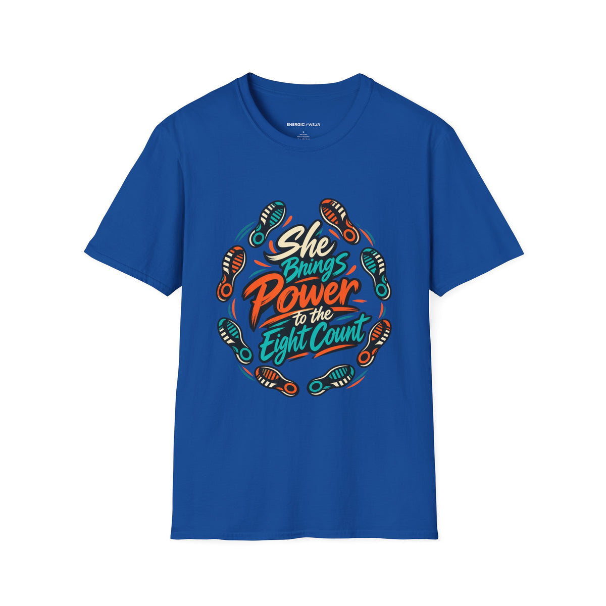 Graphic fitness T-shirt featuring the "She Brings Power to the Eight Count" design.