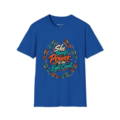 Graphic fitness T-shirt featuring the "She Brings Power to the Eight Count" design.