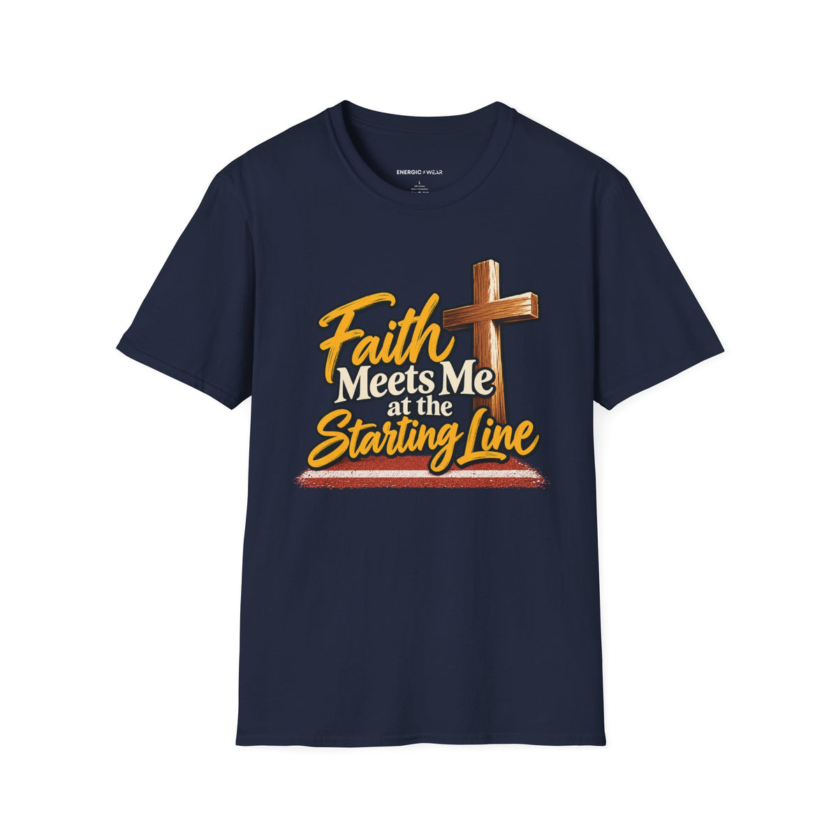 Graphic fitness T-shirt featuring the "Faith Meets Me at the Starting Line" design.