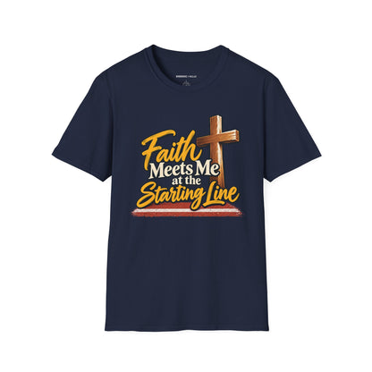 Graphic fitness T-shirt featuring the "Faith Meets Me at the Starting Line" design.
