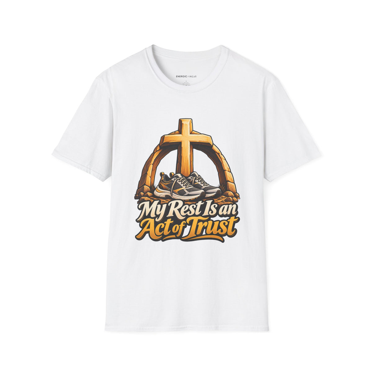 Graphic fitness T-shirt featuring the "My Rest Is an Act of Trust" design.