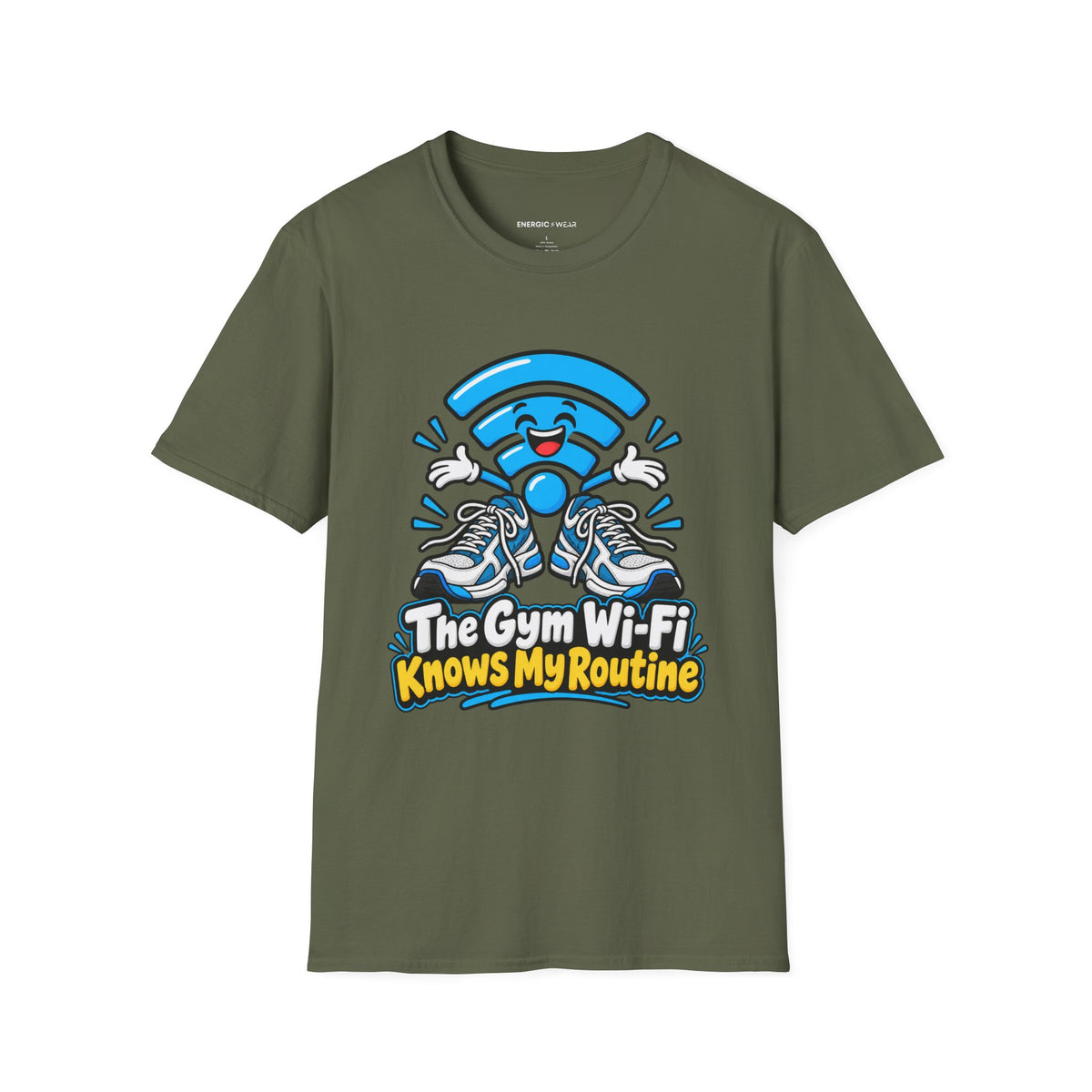 Graphic fitness T-shirt featuring the "The Gym Wi-Fi Knows My Routine" design.