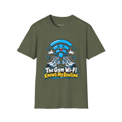 Graphic fitness T-shirt featuring the "The Gym Wi-Fi Knows My Routine" design.