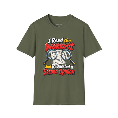 Graphic fitness T-shirt featuring the "I Read the Workout and Requested a Second Opinion" design.