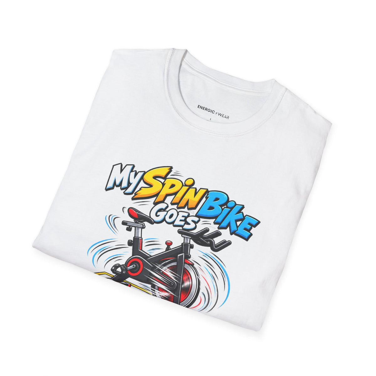 Graphic fitness T-shirt featuring the "My Spin Bike Goes Nowhere with Great Enthusiasm" design.