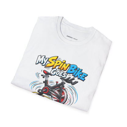 Graphic fitness T-shirt featuring the "My Spin Bike Goes Nowhere with Great Enthusiasm" design.