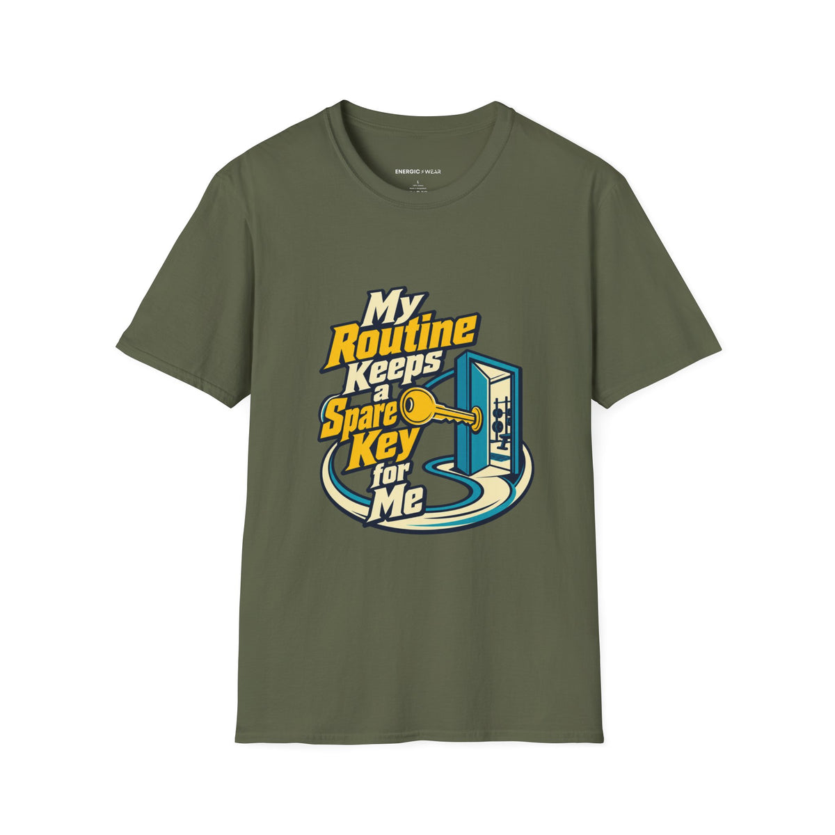 Graphic fitness T-shirt featuring the "My Routine Keeps a Spare Key for Me" design.