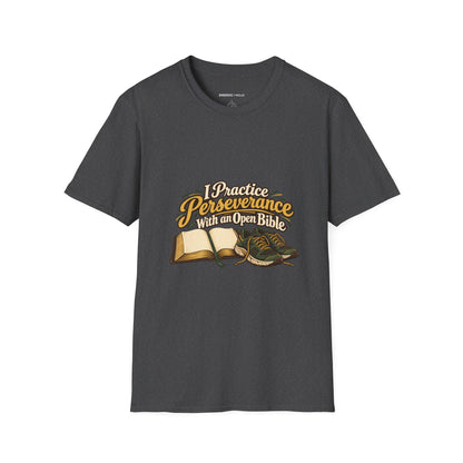 Graphic fitness T-shirt featuring the "I Practice Perseverance with an Open Bible" design.