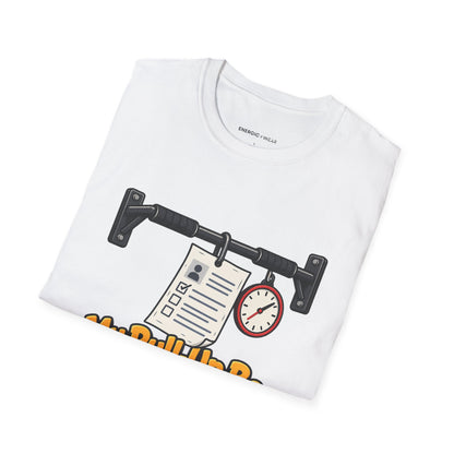Graphic fitness T-shirt featuring the "My Pull-Up Bar Is Reviewing My Application" design.