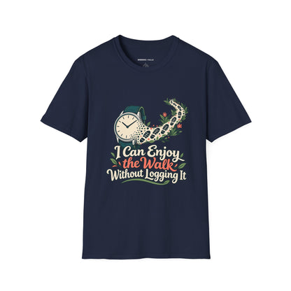 Graphic fitness T-shirt featuring the "I Can Enjoy the Walk Without Logging It" design.