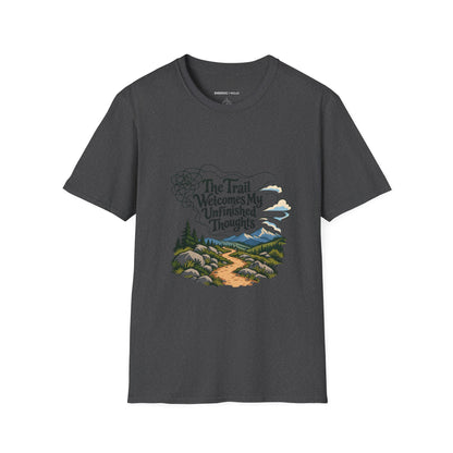 Graphic fitness T-shirt featuring the "The Trail Welcomes My Unfinished Thoughts" design.