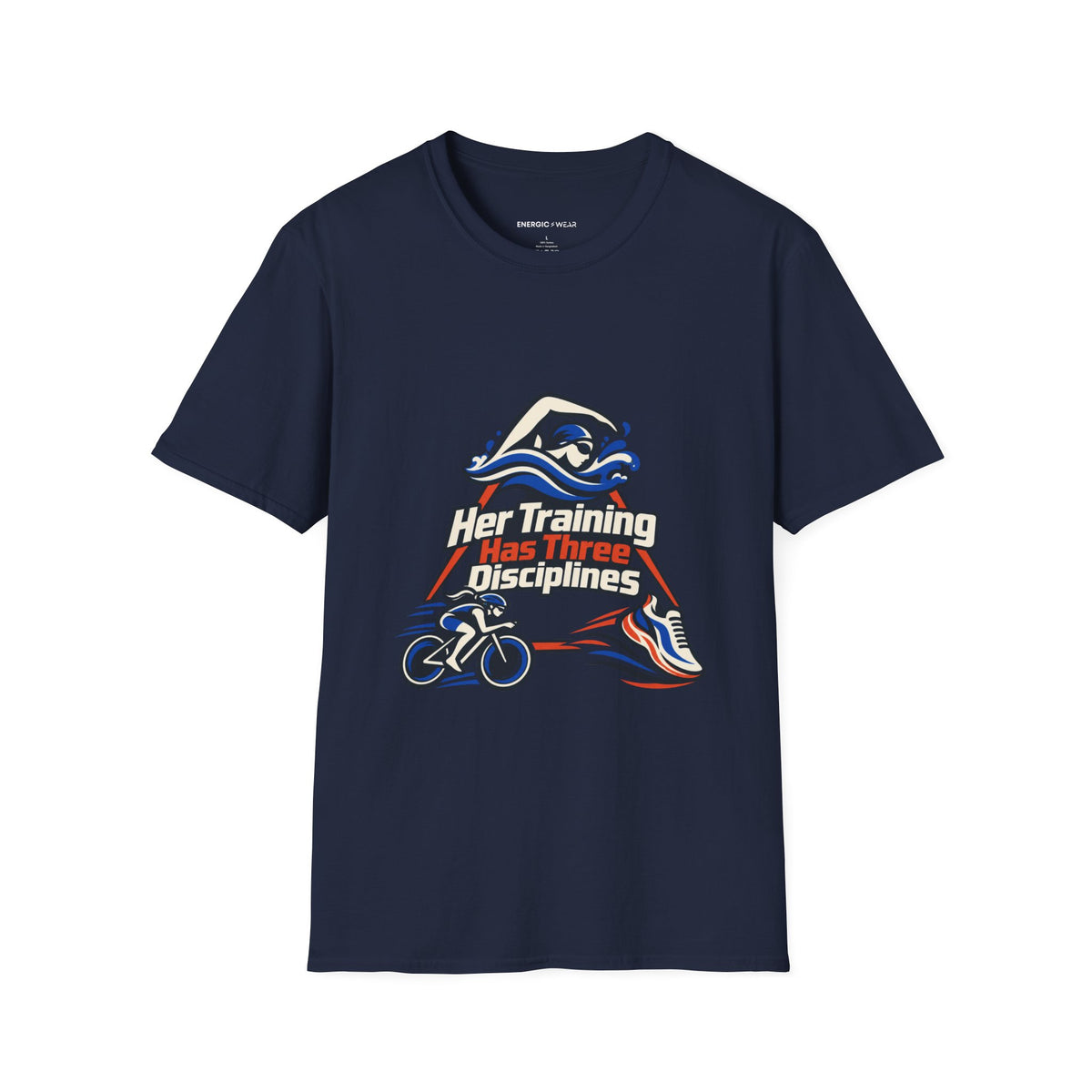 Graphic fitness T-shirt featuring the "Her Training Has Three Disciplines" design.