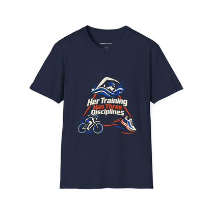 Graphic fitness T-shirt featuring the "Her Training Has Three Disciplines" design.